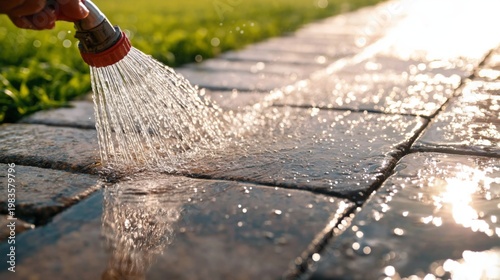 Water Spraying on the Ground While a Person Uses a Garden Hose in a Backyard ...