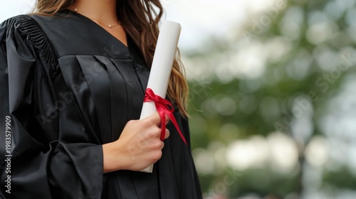 Graduate Holding Diploma in Black Gown Under Trees During Graduation Ceremony