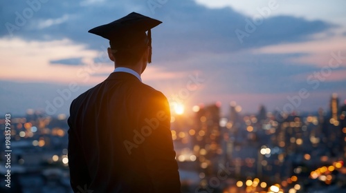 Graduate Looks at City Skyline During Sunset Near End of Graduation Day Ceremony