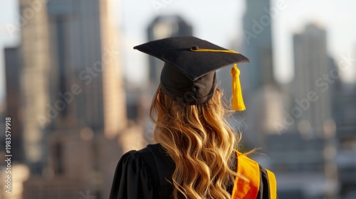 Graduate Stands With Back to the City Skyline Wearing a Cap and Gown During S...
