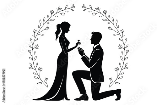 A silhouette of a man proposing to a woman in a romantic gesture, framed by an elegant floral wreath on a transparent background