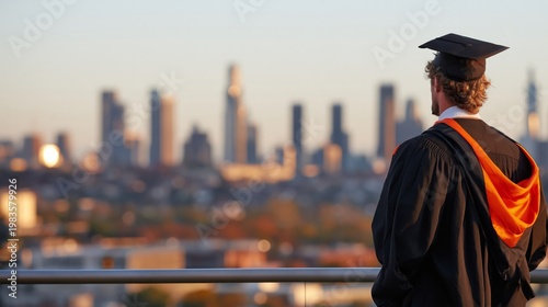 Graduate Looking at City Skyline During Sunset With Cap and Gown