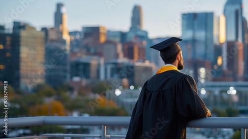 Graduate Looking at City Skyline During Sunset With Cap and Gown