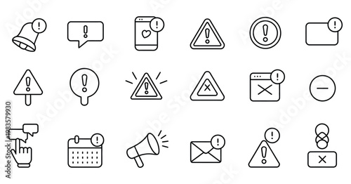 Alert risk sign line icon set, caution warning exclamation mark thin editable stroke symbols for safety information, accident notification, hazard awareness and user interface design.