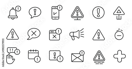 Caution warning alert icons collection, minimal thin line exclamation mark symbols editable stroke for risk indication, accident notification, safety signage and information interface