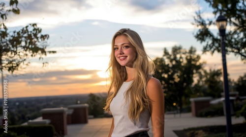 Young Woman Smiles During Sunset at an Outdoor Venue in a City Park