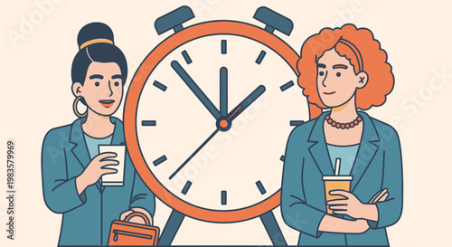 Two businesswomen standing next to a large clock.