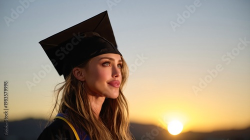 Graduate Stands Proud at Sunset During Commencement Ceremony in a Scenic Outd...