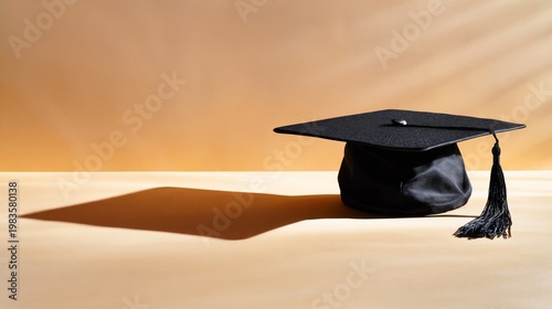 Graduation Cap Rests on a Table With a Shadow Under Warm Light During a Gradu...