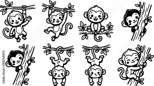 Black and white cartoon monkeys hanging on tree branches vector art