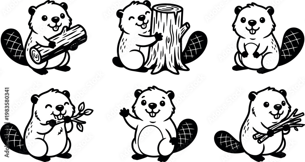 Fototapeta premium Black and white vector art set of cute beaver holding wood and waving