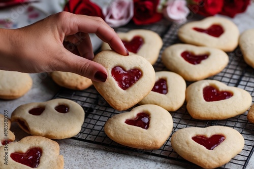 Heart-shaped Cookies With Jam Held by a Hand During Baking Session in Kitchen