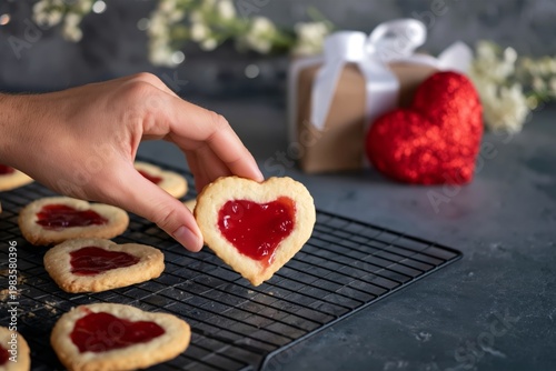 Heart-shaped Cookies With Jam Held by a Hand During Baking Session in Kitchen