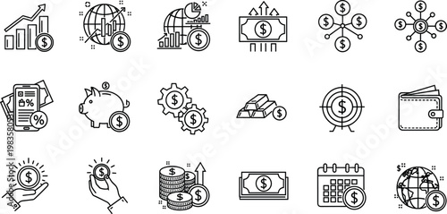 Finance and business icons set with money growth investment banking payment wallet economy line vector illustration