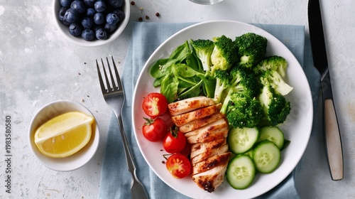 Healthy Meal With Grilled Chicken, Vegetables, and Fruits on a Table
