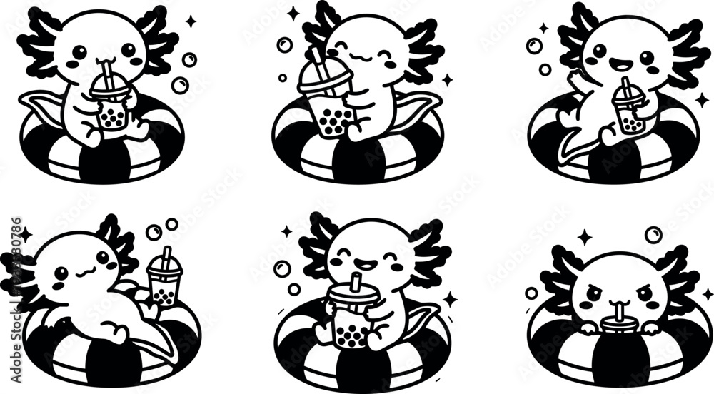 Obraz premium Black and white axolotl character drinking bubble tea on striped swim ring vector art