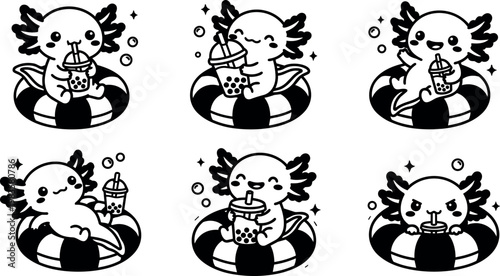 Black and white axolotl character drinking bubble tea on striped swim ring vector art