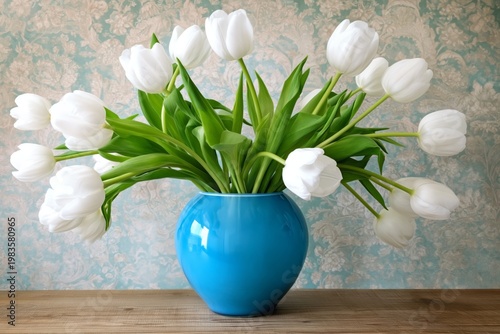 White Tulips Arranged in Blue Vase on Wooden Surface With Textured Background