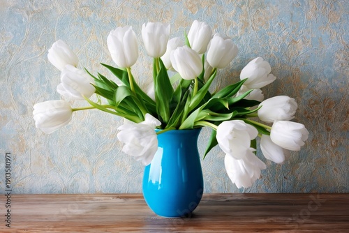 White Tulips Arranged in Blue Vase on Wooden Surface With Textured Background