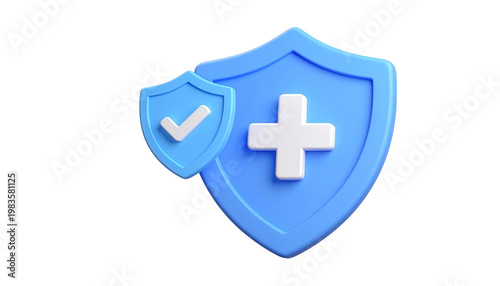 Two blue shields, one with a checkmark and the other with a cross, symbolize security and health protection isolated on a transparent background.
