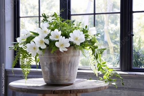 Fresh White Flowers in a Pot by a Window With Green Plants in a Bright Room
