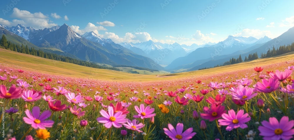 Obraz premium Vast mountain valley filled with pink and yellow flowers under blue sky. Green hills and snowy peaks stretch to horizon. Peaceful nature scene, blooming meadow landscape.