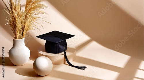 Graduation Cap and Decor Arranged on a Neutral Background in a Well-Lit Space