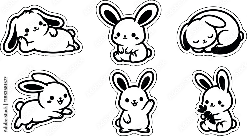 Fototapeta premium Black and white cute cartoon bunny rabbit set with playful and sleeping poses