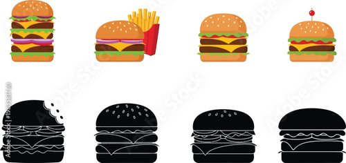 Fast food icons burgers and fries in colorful and silhouette styles
