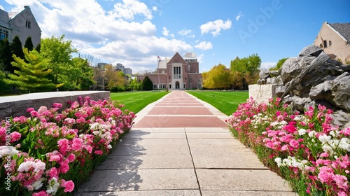 Bright Spring Day at a University Campus With Flowers Lining the Pathway