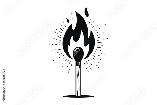 Black and white of a matchstick with a flame and smoke fire