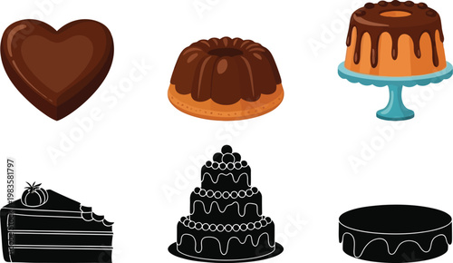 Assorted chocolate desserts and cakes collection in a flat design