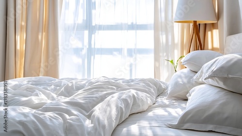 Bright Bedroom With White Bedding and Green Plant on Nightstand Near Window
