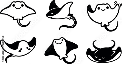 Six happy stingrays in different playful poses