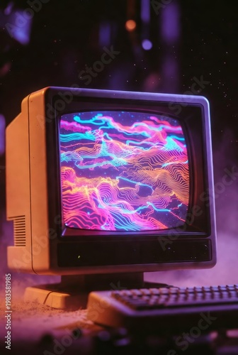A close-up of a futuristic retro-style computer monitor with a chunky beige plastic frame. On the screen, vibrant 3D glowing neon topographic maps are pulsating.