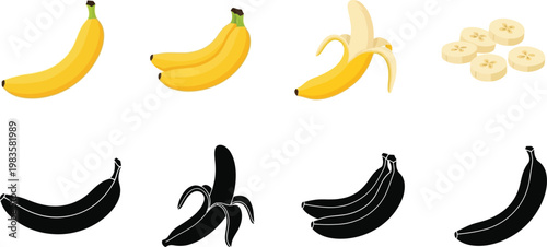 Banana variations whole paired peeled and silhouetted fruit display