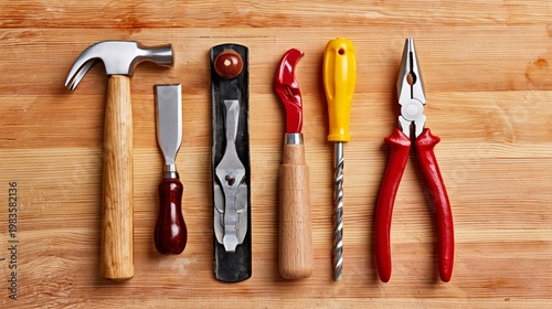 Assorted Tools Arranged on a Wooden Surface for Woodworking Tasks