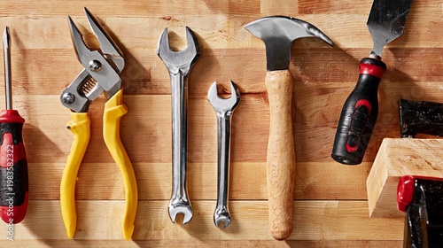 Set of Tools Displayed on a Wooden Surface for Various Tasks and Repairs in a...