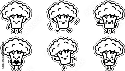 Cute black and white broccoli characters with various facial expressions and poses line art
