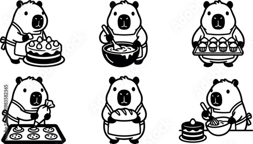 Bear baking cake muffins and bread illustrations