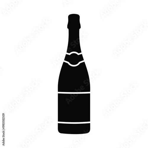 Black silhouette of a champagne bottle with foil cap and label for celebration
