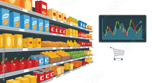 Colorful grocery store shelves packed with various food products stand next to a digital monitor showing a complex financial stock market candlestick chart.