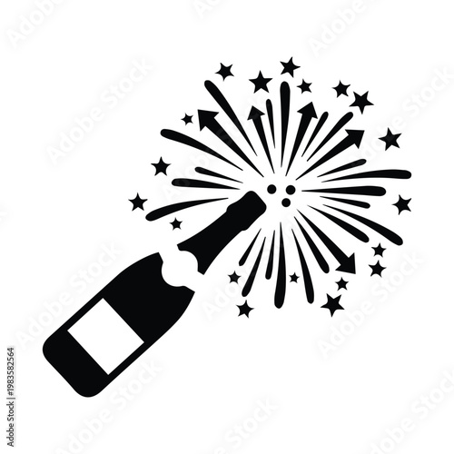 Champagne bottle popping with fireworks and stars for special celebrations and new year eve