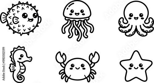 Cute black and white line art sea creatures with happy faces including pufferfish jellyfish octopus seahorse crab starfish