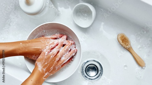 Hand Wipes Blue Cloth in Sink Filled With Bubbles and Baby Bottles During Dis...