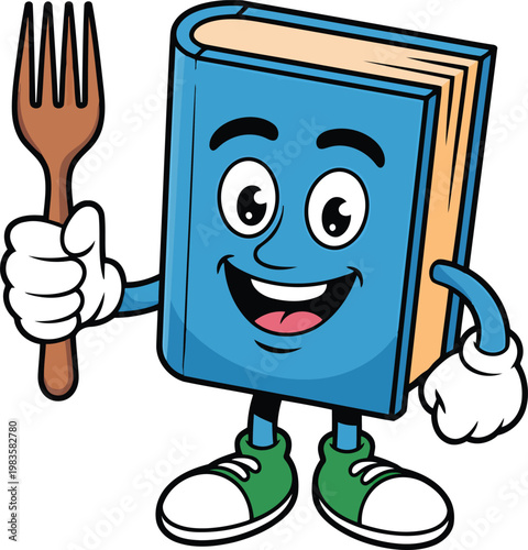 Cartoon book character cheerfully holding a fork giving a thumbs up