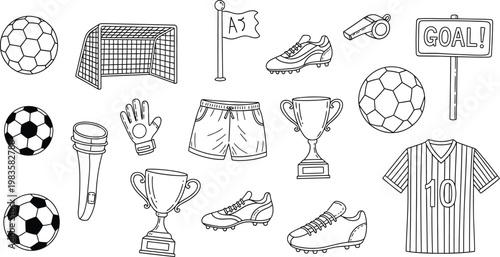A collection of hand drawn soccer related icons and equipment including balls goals jerseys and trophies
