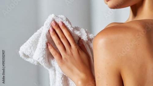 Woman Drying Her Shoulders With a Towel in a Bright Room After a Shower