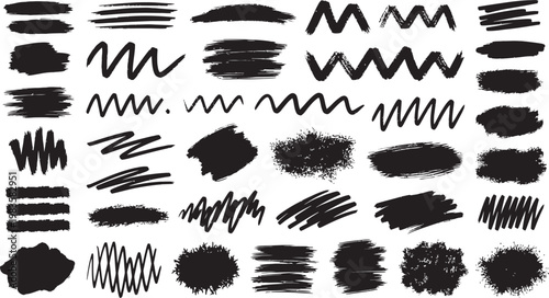 Collection of diverse black brush strokes and textures for artistic design and backgrounds