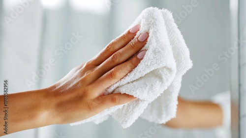 Cleaning a Bathroom Mirror With a White Cloth in a Bright Area During Daytime...